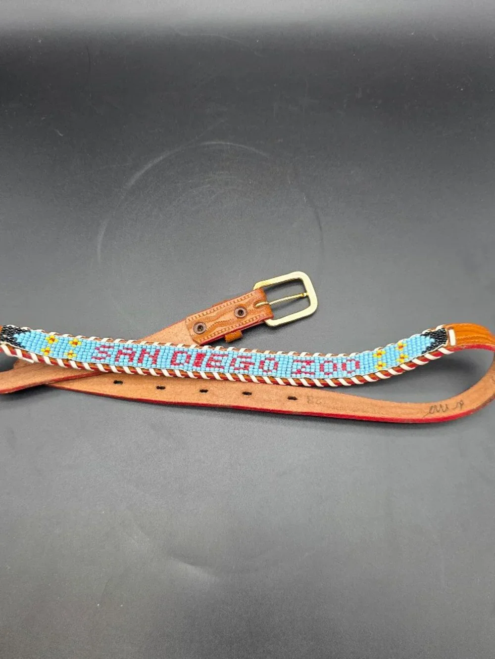 VINTAGE LEATHER EMBOSSED & BEADED BELT SAN DIEGO SIZE 28